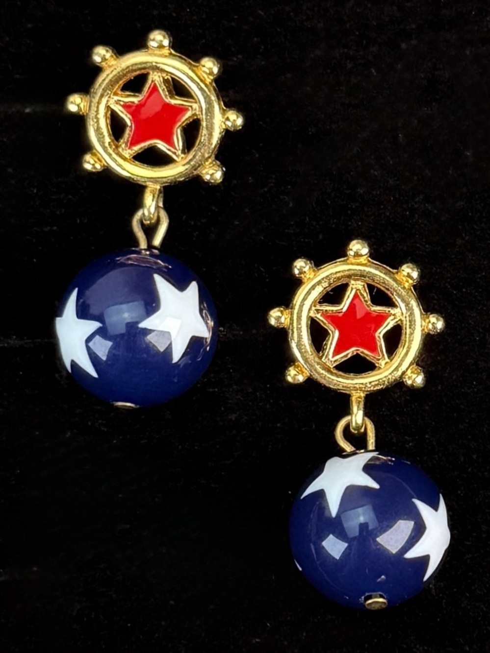 Patriotic Star Nautical Dangle Earrings Red White Blue Gold Tone